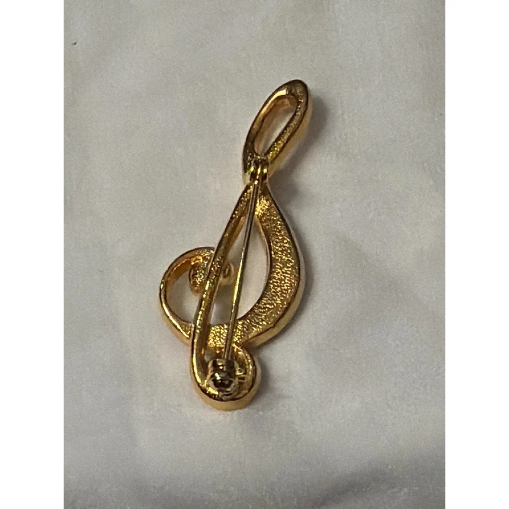 Gold Tone Treble Clef Brooch Clear Rhinestone Music Note G Clef Pin 1.75 Inch
